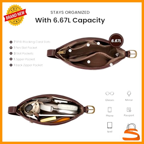 Genuine Leather Crossbody Bag RFID Blocking Medium Hobo Purse - Picture 5 of 7